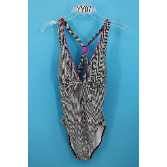 AQUA COUTURE BLACK WHITE WITH HOT PINK ONE PIECE SIZE LARGE SWIMSUIT WOMENS - Picture 8 of 10